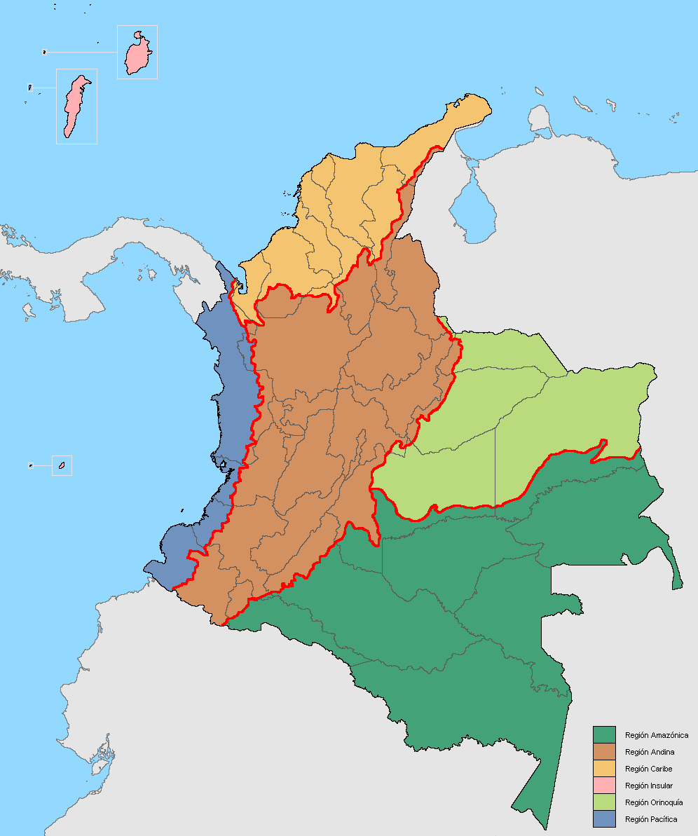 Carte des six grandes régions naturelles de Colombie