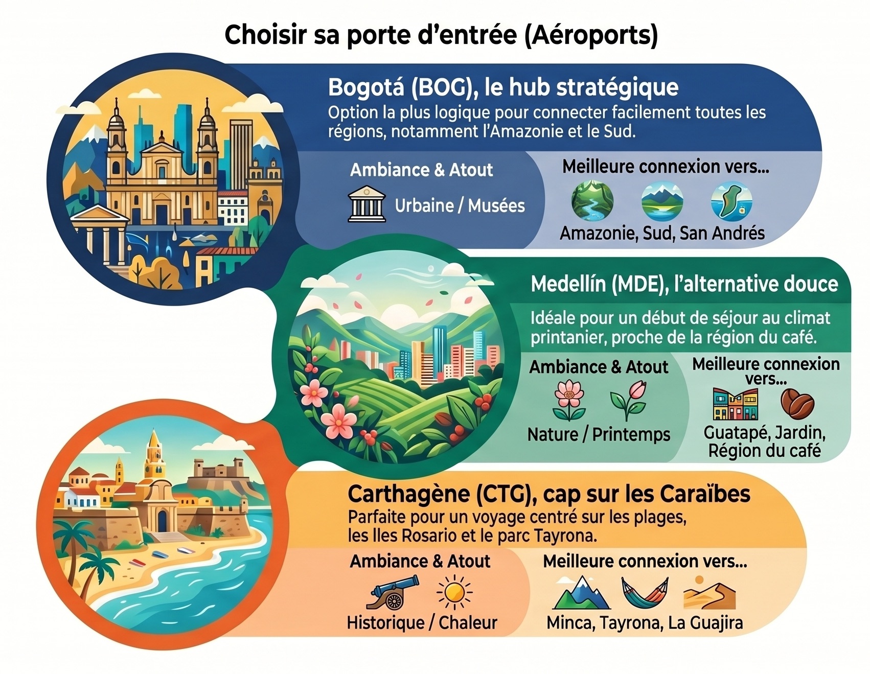 Comment aller en Colombie : choisir sa porte d’entrée entre Bogotá, Medellín et Carthagène