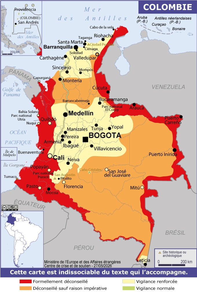 Carte France Diplomatie sécurité Colombie avec zones rouges déconseillées